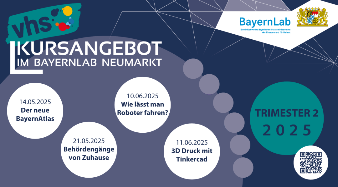 Überblick über das Kursangebot des BayernLab Neumarkt bei der VHS im 2. Trimester 2025. In insgesamt vier Kursen geht es um den BayernAtlas, Behördengänge von zuhause, Robotik und 3D Druck. Details zu den jeweiligen Kursen gibt es im Veranstaltungstext.